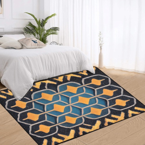 repeating pattern, gold and blue Area Rug with Black Binding 7'x5'