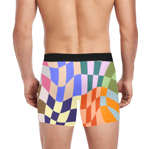 Wavy Groovy Geometric Checkered Retro Abstract Mosaic Pixels Men's Boxer Briefs with Inner Pocket (Model L34)