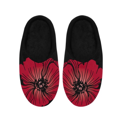 Ô Scarlet Poppies on Black Women's Non-Slip Cotton Slippers (Model 0602)