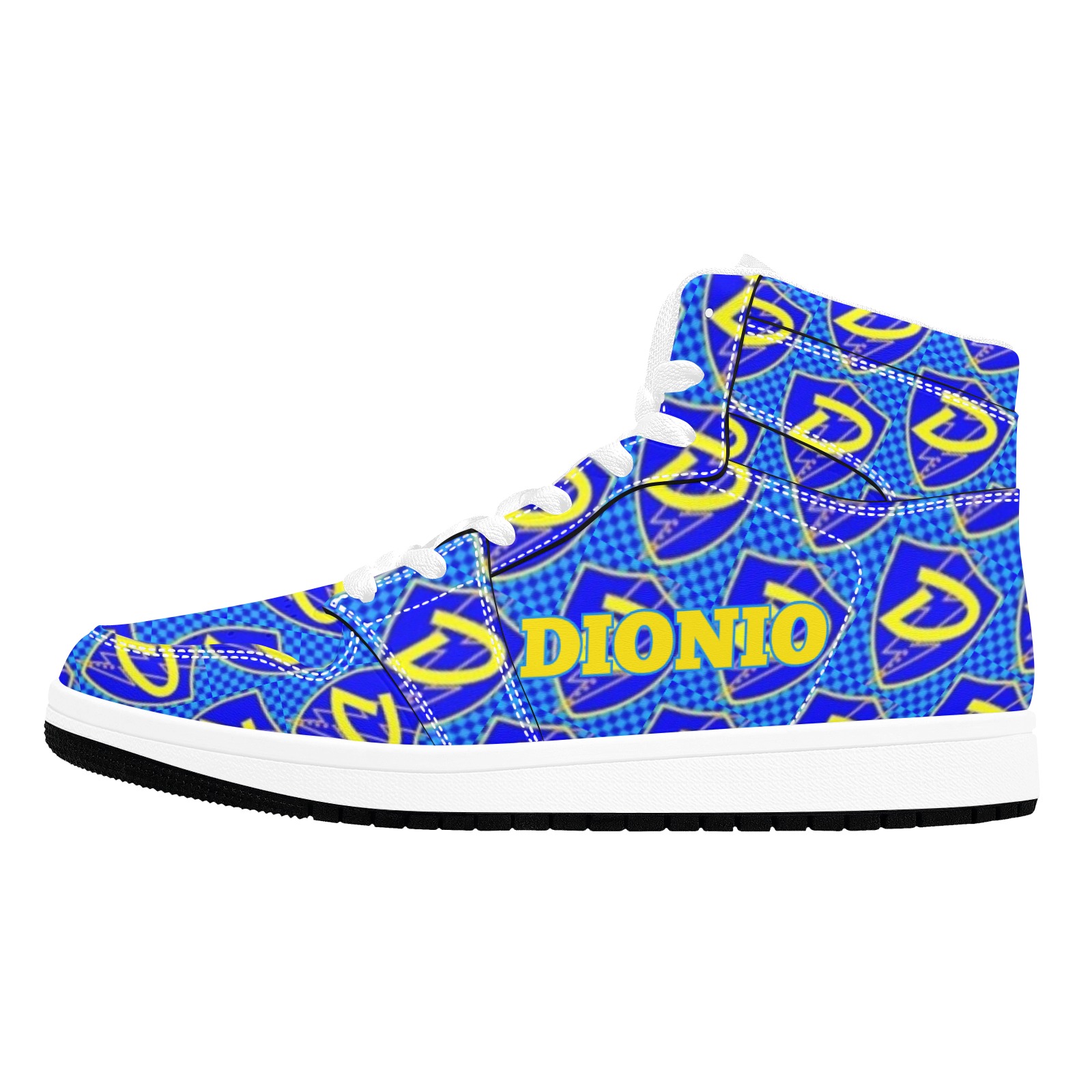 DIONIO - Blue & Yellow Repeat D Shield Logo Leather Sneakers Unisex High Top Sneakers (Model 20042)