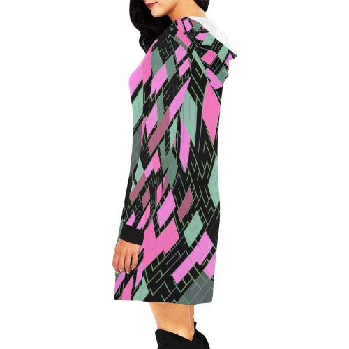 Pink Green Black Geometric All Over Print Hoodie Mini Dress (Model H27)