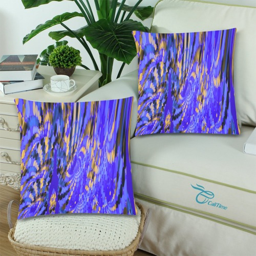 Blue and Gold Spiral Fractal Custom Zippered Pillow Cases 18"x 18" (Twin Sides) (Set of 2)