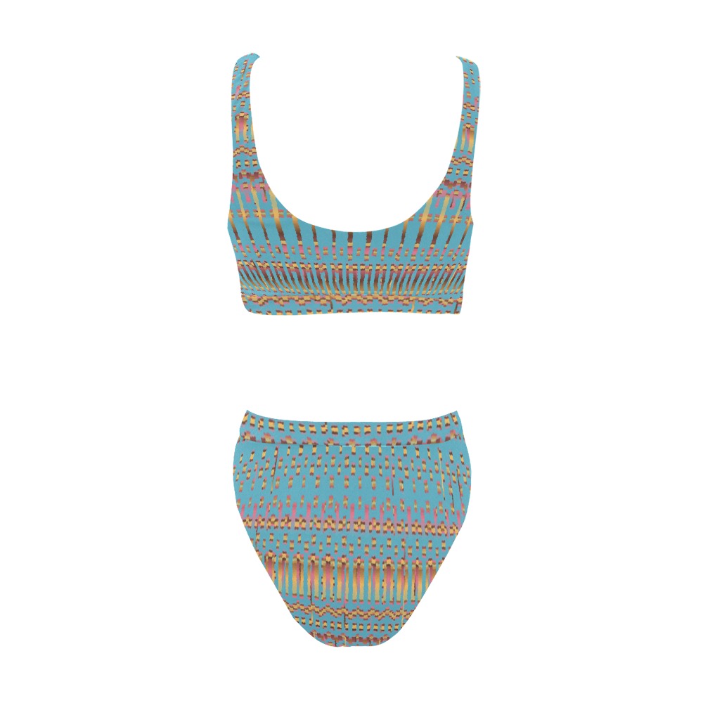 Blue Broken Line Pattern Sport Top & High-Waisted Bikini Swimsuit (Model S07)