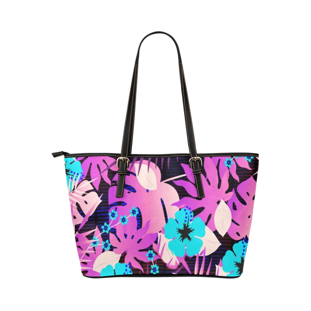 GROOVY FUNK THING FLORAL PURPLE Leather Tote Bag/Large (Model 1651)