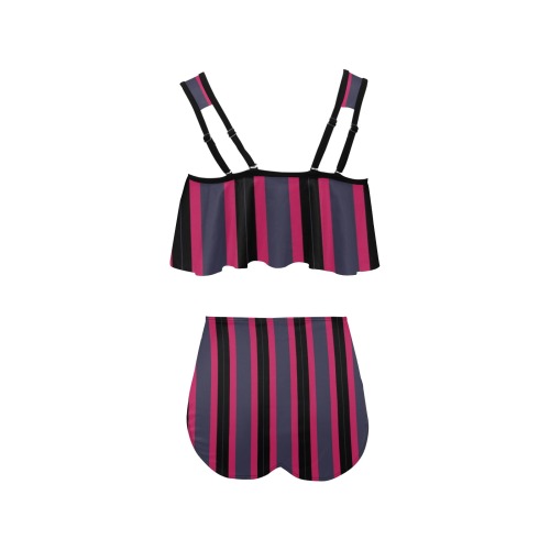 Pink BLue and Black Stripes High Waisted Flounce Bikini Set (Model S24)