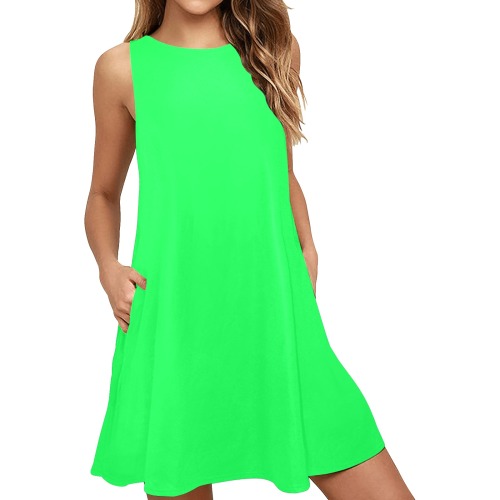 Neon Green Sleeveless A-Line Pocket Dress (Model D57)