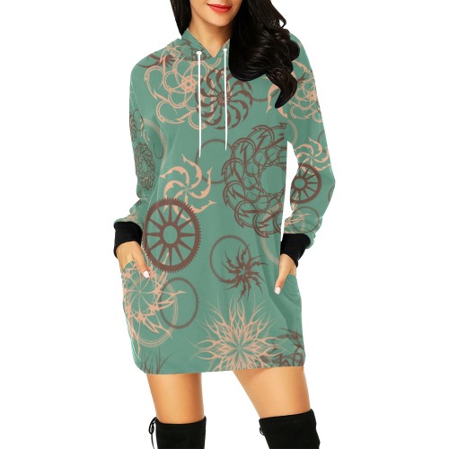 Abstract Spirals and Wheels on Green All Over Print Hoodie Mini Dress (Model H27)