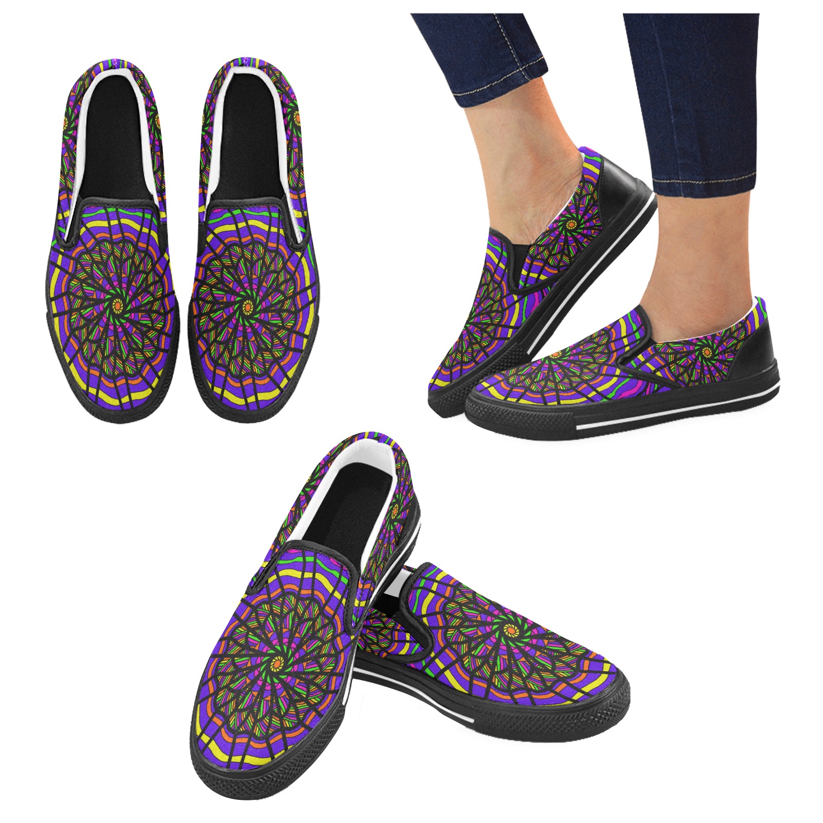 Ô Neon Blue and Brights Mandala Women's Unusual Slip-on Canvas Shoes (Model 019)