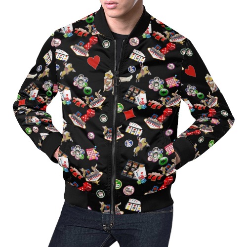 Famous Las Vegas Icons Black All Over Print Bomber Jacket for Men (Model H19)