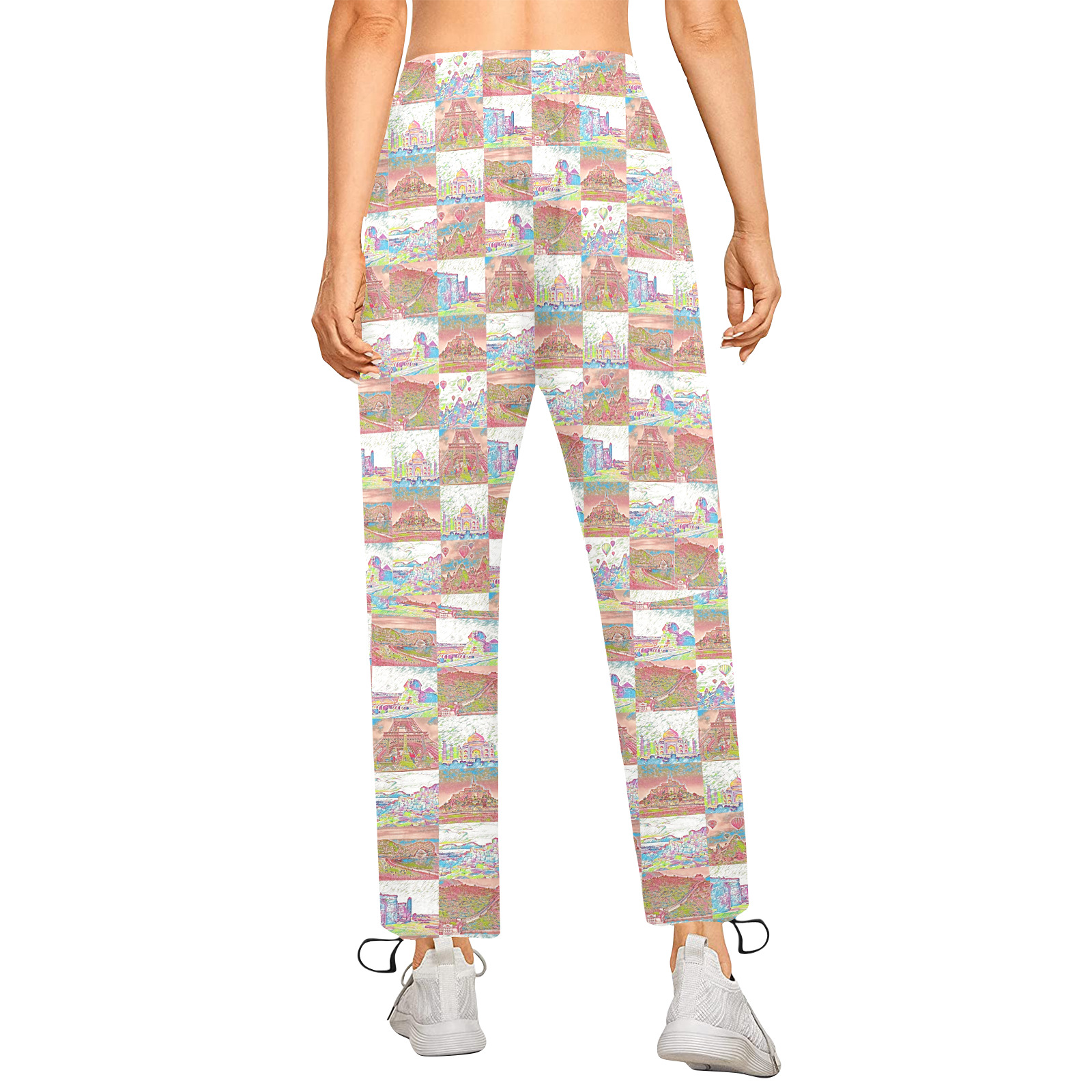 Big Pink and White World travel Collage Pattern Women's Quick Dry Cargo Sweatpants (Model L65)