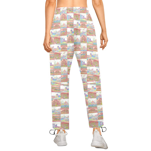 Big Pink and White World travel Collage Pattern Women's Quick Dry Cargo Sweatpants (Model L65)