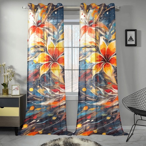 Fantasy colorful flowers on bluish background. Gauze Curtain 28"x95" (Two-Piece)
