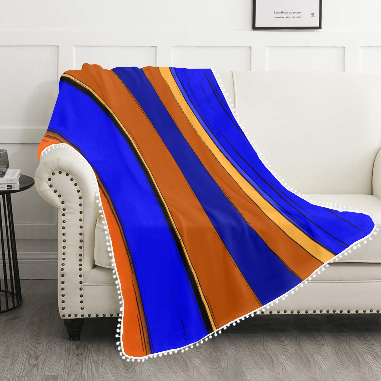 Abstract Blue And Orange 930 Pom Pom Fringe Blanket 60"x80"