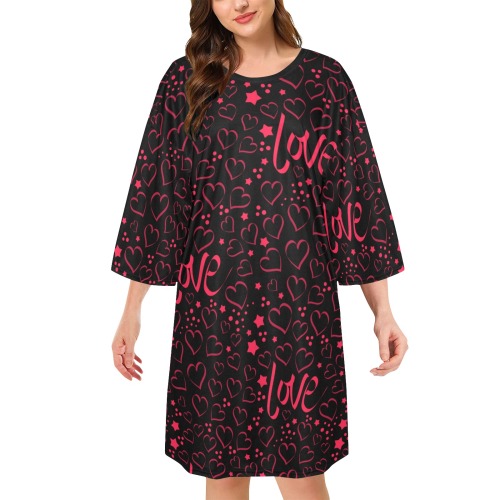 Oversized Sleep Tee with Red Love and Hearts Pattern on Black Women's Oversized Sleep Tee (Model T74)