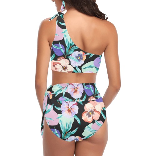 Dark modern tropical floral PD High Waisted One Shoulder Bikini Set (Model S16)