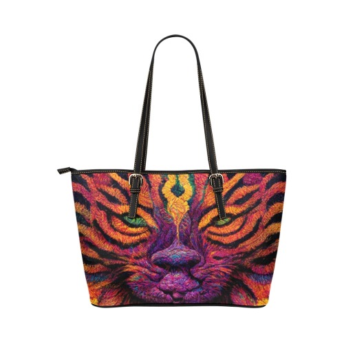 psychedelic tiger print 02 Leather Tote Bag/Large (Model 1651)