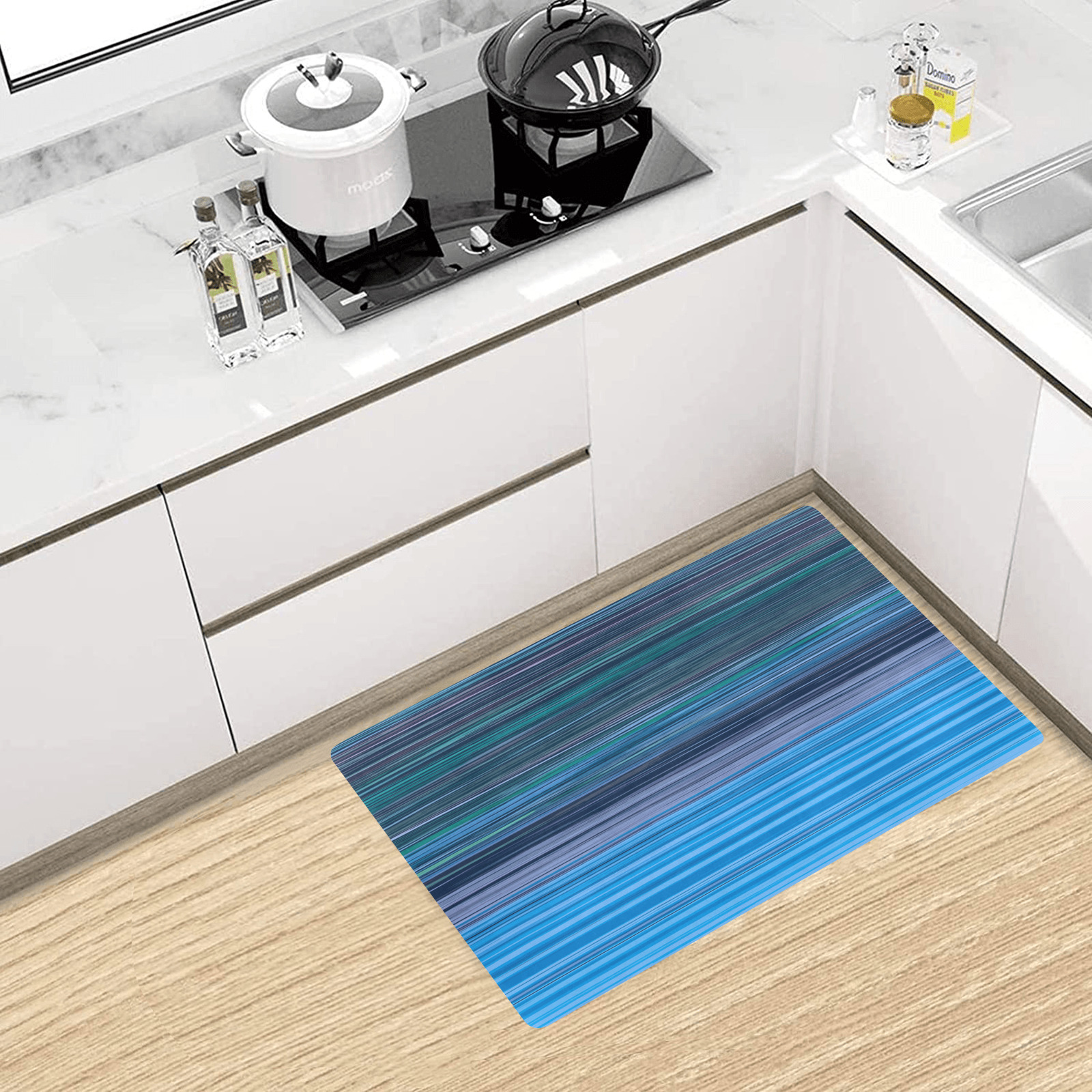 Abstract Blue Horizontal Stripes Kitchen Mat 28"x17"