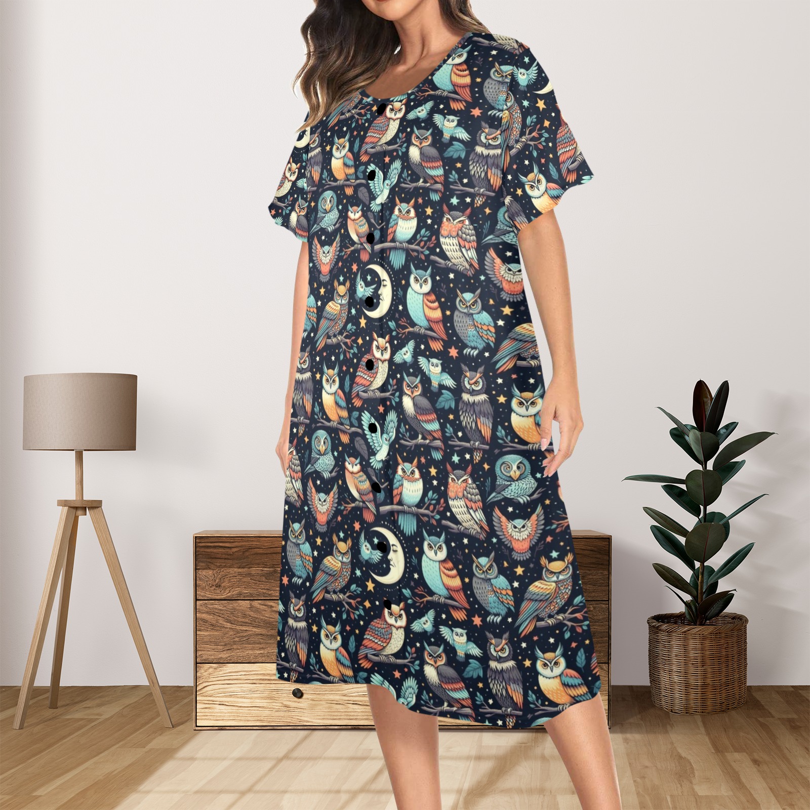 Night Owl and Moon Housedress Women's Button Front House Dress