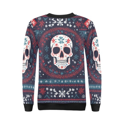 Red, blue, white winter pattern with a skull art. All Over Print Crewneck Sweatshirt for Women (Model H18)