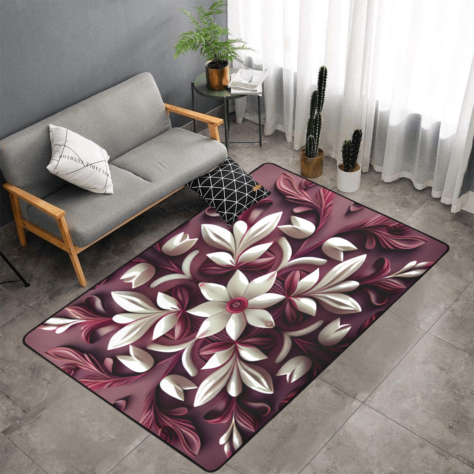 burgundy and white floral pattern Area Rug with Black Binding 7'x5'