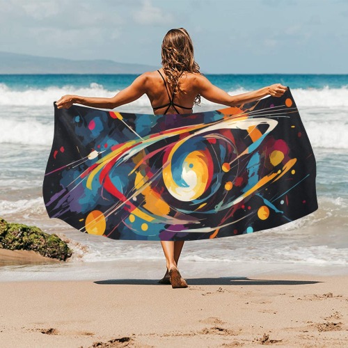 Fantasy abstract art of galaxy and stars on black Beach Towel 32"x 71"