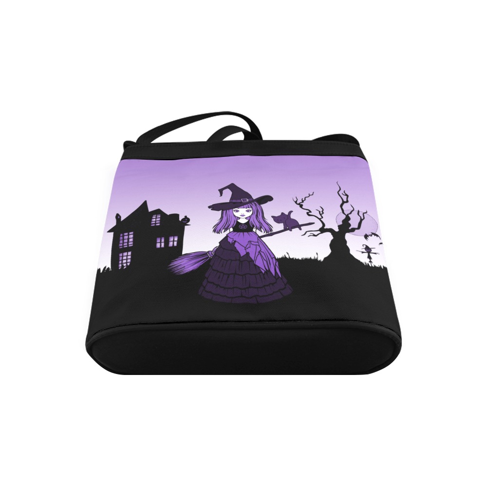 Purple Halloween Witch and Cat Familiar Crossbody Bags (Model 1613)