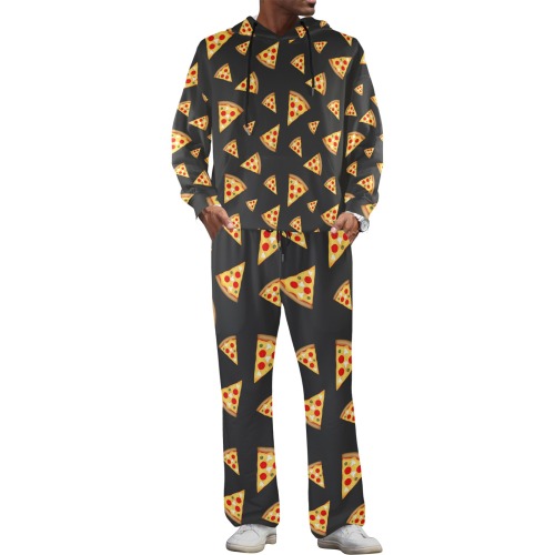 Cool and fun pizza slices pattern dark gray Men's Streetwear Flared Tracksuit (Set25)