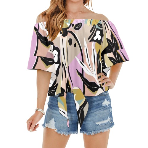 Tropical modern simple graphic Off Shoulder Knot Front Blouse (Model T71)