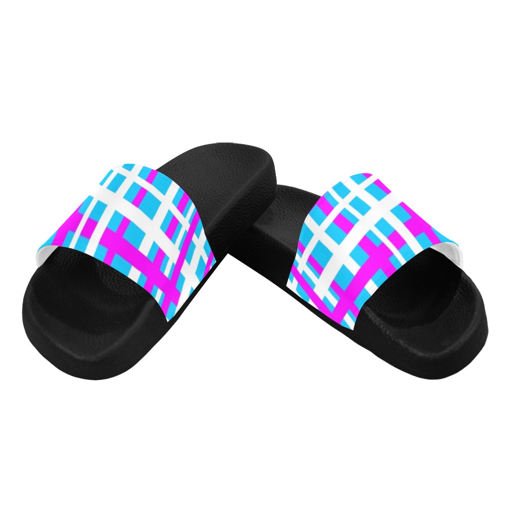 Interlocking Stripes White Pink Light Blue Women's Slide Sandals (Model 057)
