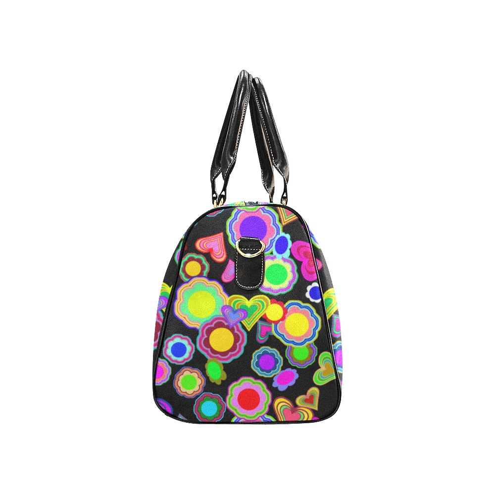 Groovy Hearts and Flowers Black New Waterproof Travel Bag/Small (Model 1639)