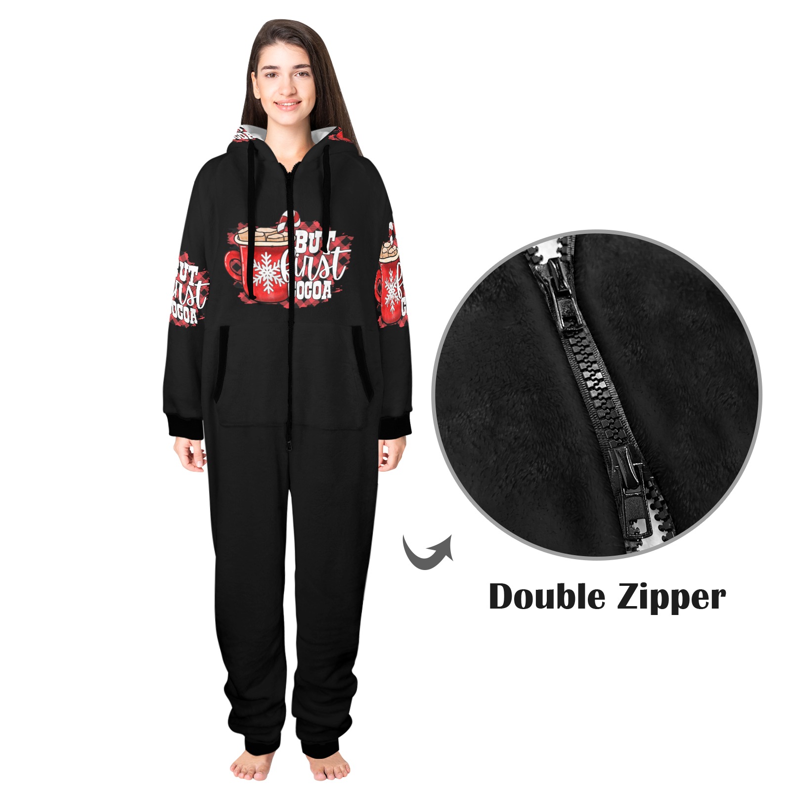 But First Cocoa Unisex One-Piece Zip Up Hooded Pajamas