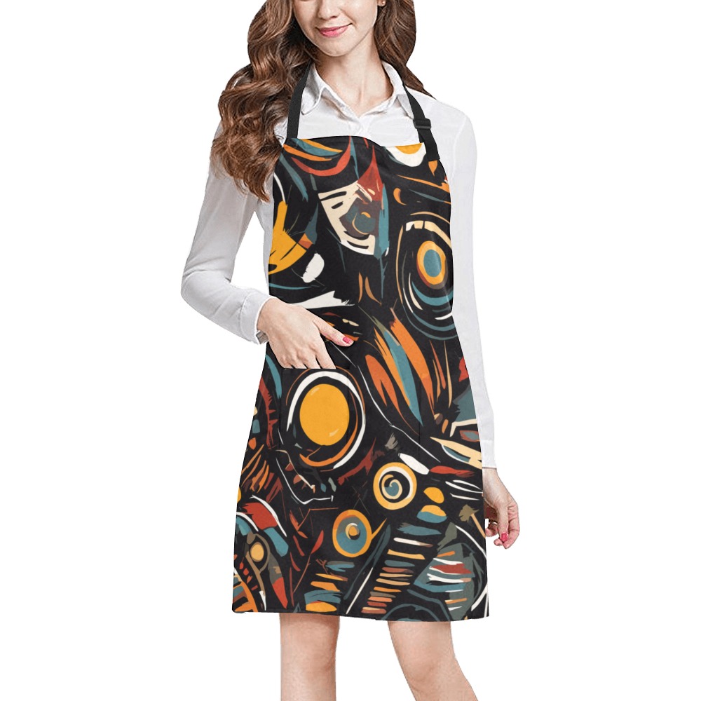 Tribal pattern of colorful shapes on black. All Over Print Apron