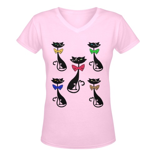 Black Cat with Bow Ties - Pink Women's Deep V-neck T-shirt (Model T19)