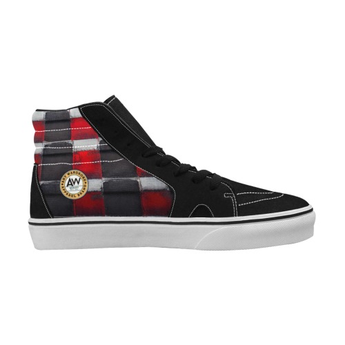 red, white and black checked Men's High Top Skateboarding Shoes (Model E001-1)