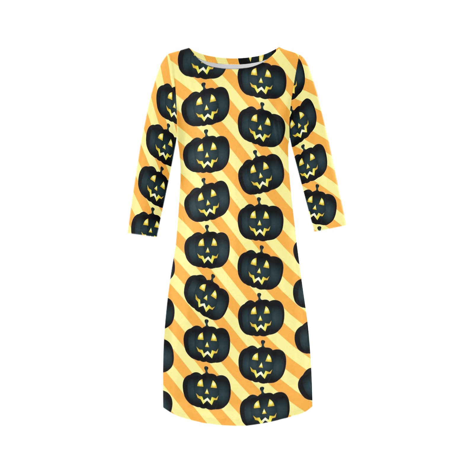 Halloween Pumpkins on Diagonal Stripes Rhea Loose Round Neck Dress(Model D22)