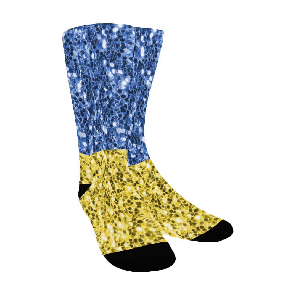 Blue yellow Ukraine flag glitter faux sparkles Women's Custom Socks