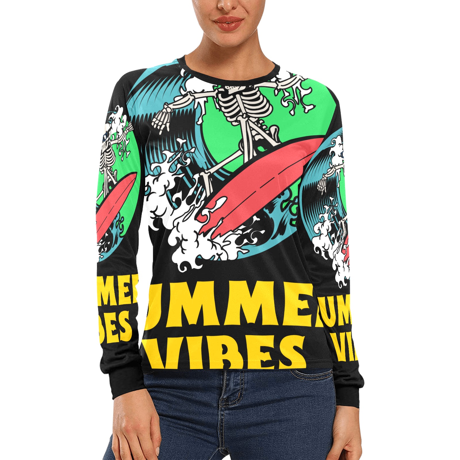 a-graphic-of-a-cool-surfer Women's All Over Print Long Sleeve T-shirt (Model T51)