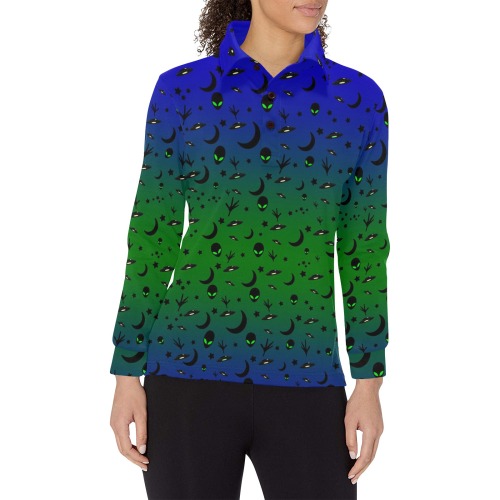 Aliens and Spaceships Women's Long Sleeve Polo Shirt (Model T73)