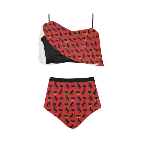 Black Cats Wearing Bow Ties - Red High Waisted Ruffle Bikini Set (Model S13)