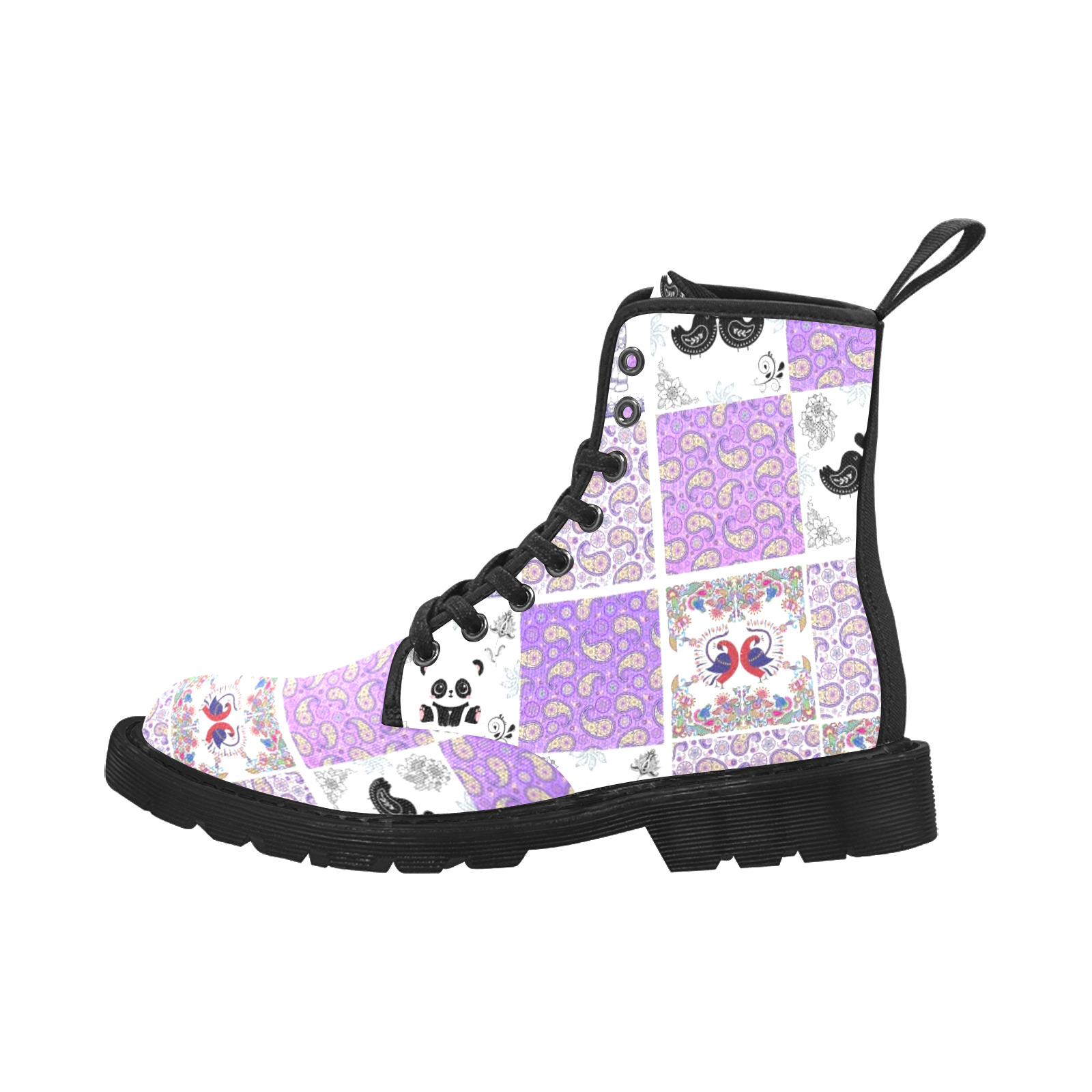 Purple Paisley Birds and Animals Patchwork Design Martin Boots for Women (Black) (Model 1203H)