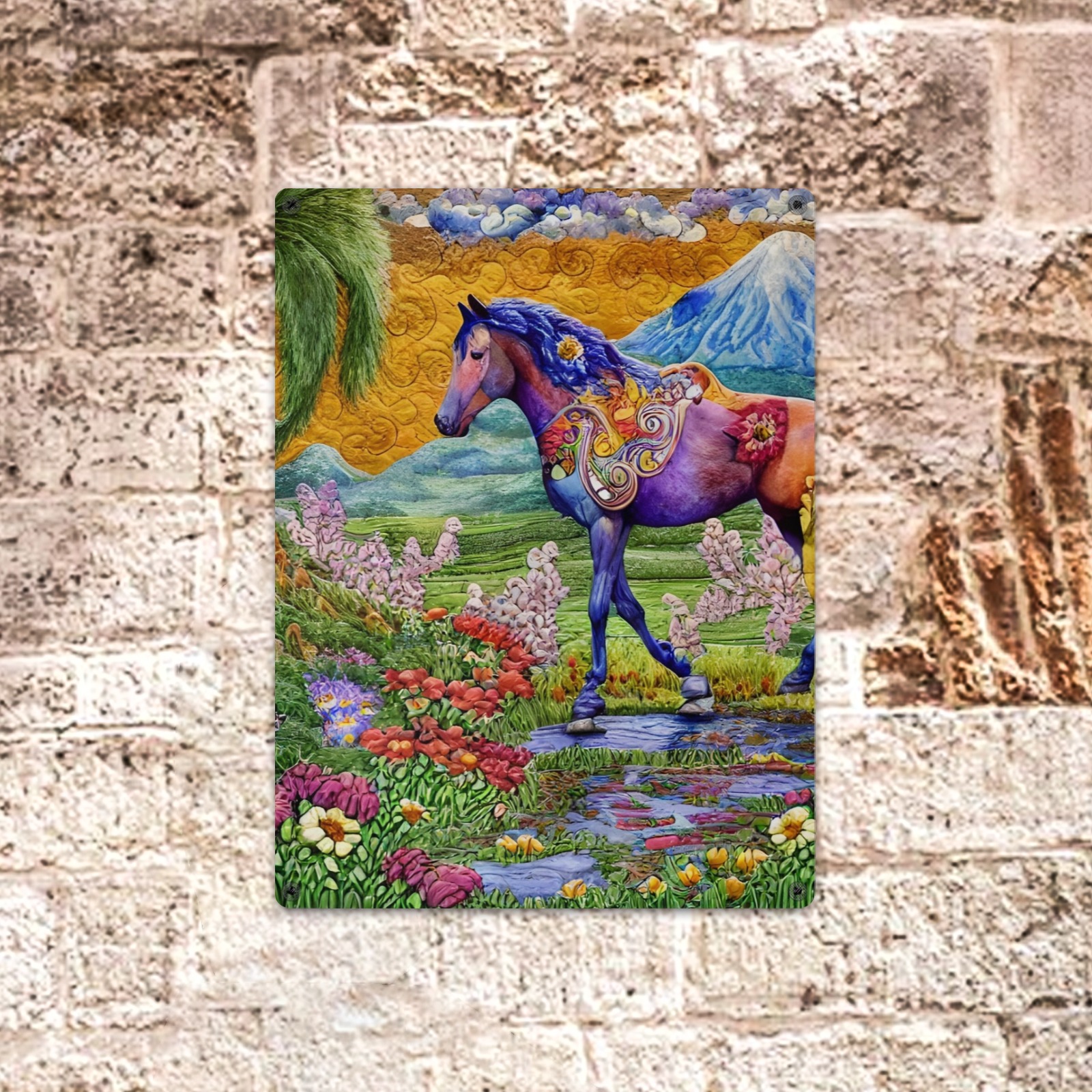 Boho Simulated Quilt Horse Artwork Metal Sign 12"x16"