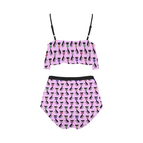 Black Cats Wearing Bow Ties - Pink High Waisted Ruffle Bikini Set (Model S13)
