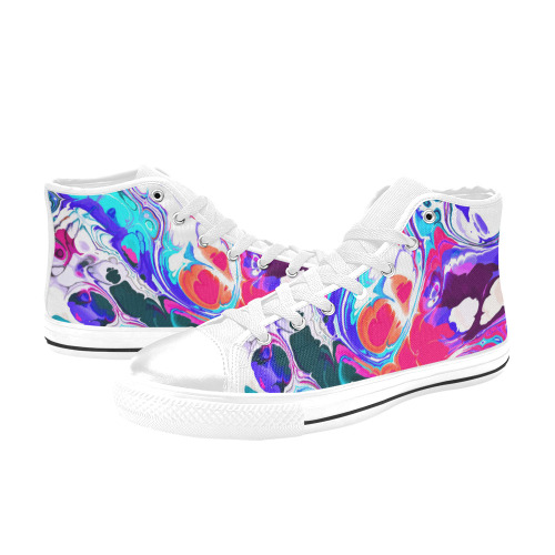 Blue White Pink Liquid Flowing Marbled Ink Abstract High Top Canvas Shoes for Kid (Model 017)