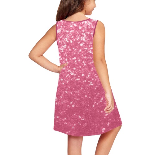 Magenta light pink red faux sparkles glitter Girls' Sleeveless Dress (Model D58)
