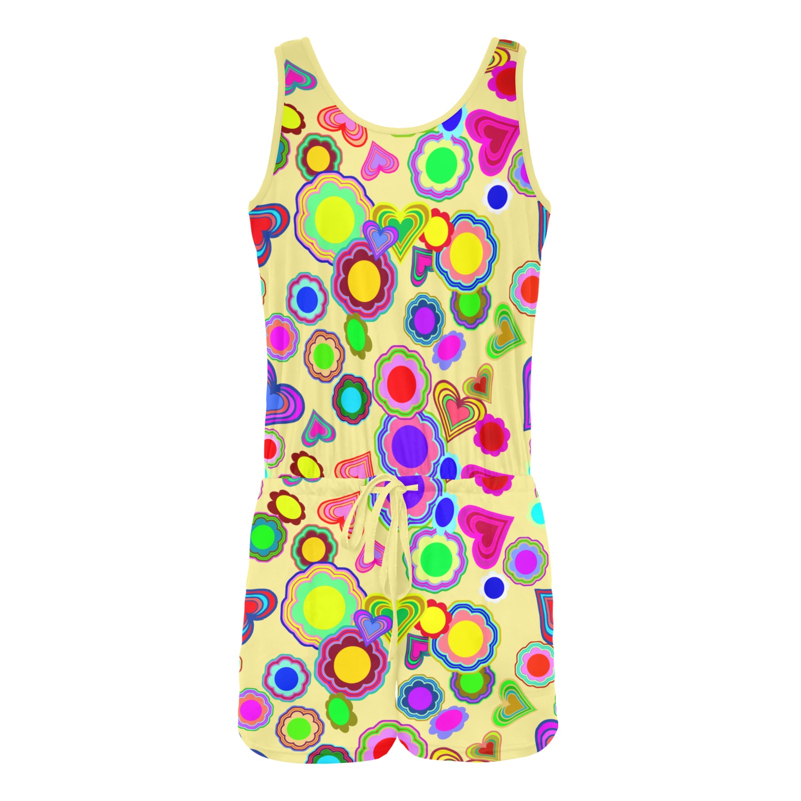 Groovy Hearts and Flowers Yellow All Over Print Vest Short Jumpsuit