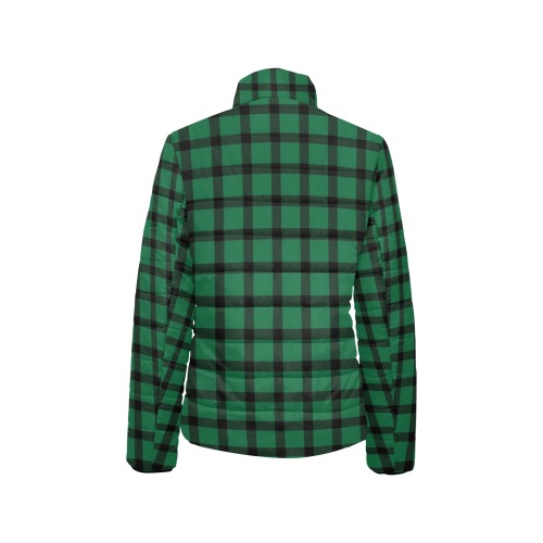 Green and Black Plaid Women's Stand Collar Padded Jacket (Model H41)