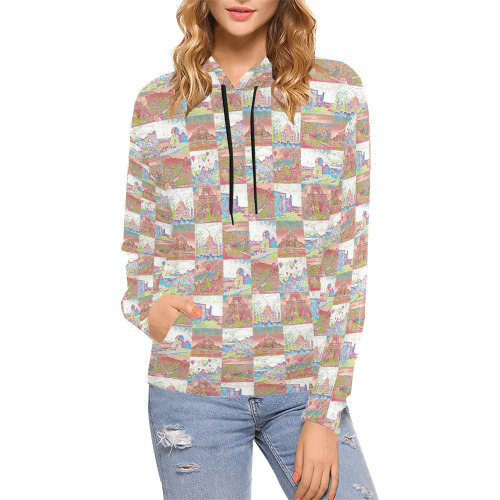 Big Pink and White World travel Collage Pattern All Over Print Hoodie for Women (USA Size) (Model H13)