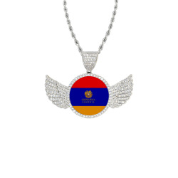 Armenian Flag Wings Silver Photo Pendant with Rope Chain