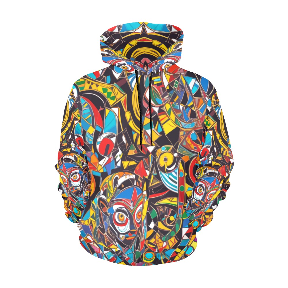 Abstract mix of African masks and colorful shapes. All Over Print Hoodie for Women (USA Size) (Model H13)