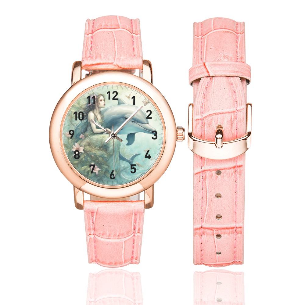 Dolphin Fantasy 2 Women's Rose Gold Leather Strap Watch(Model 201)